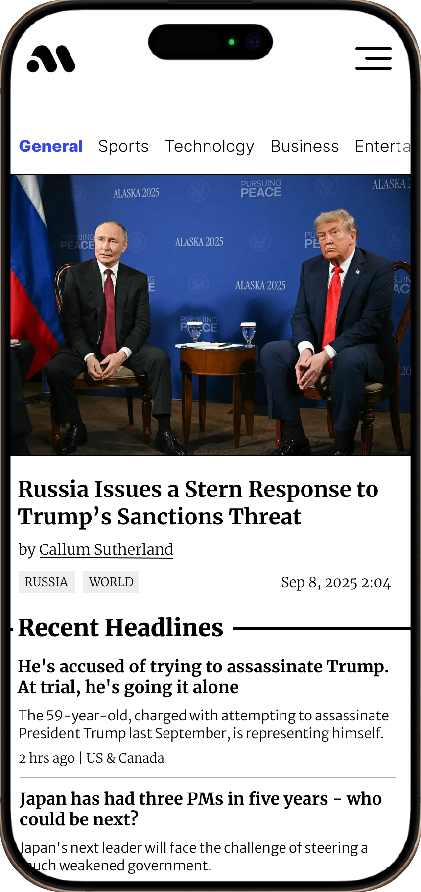 Monday News mobile app home screen showing personalized news feed interface