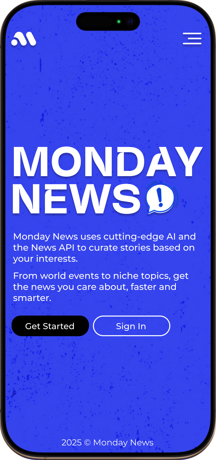 Monday News mobile app article view displaying news content powered by News API